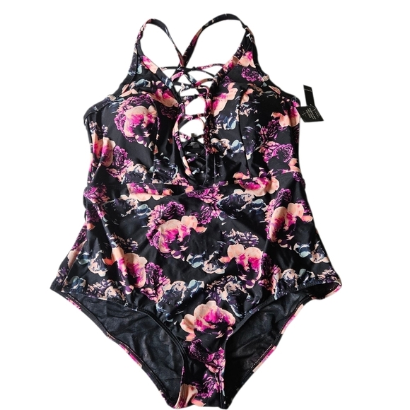 Torrid Pink and Black Floral Strappy One Piece Swimsuit NWT Size 2X - Picture 2 of 14
